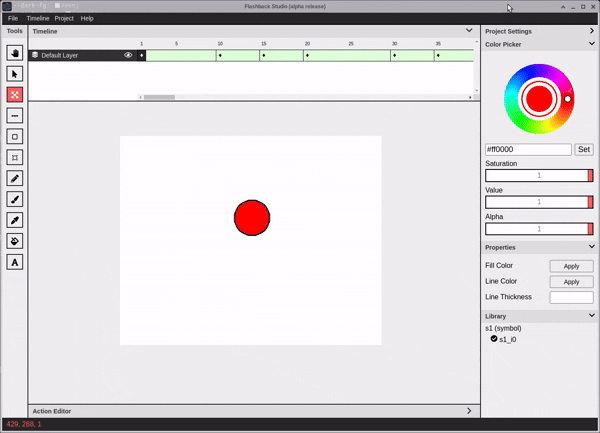 A ball that bounces smoothly. As it does so, the ball changes color from red to blue and then back again.